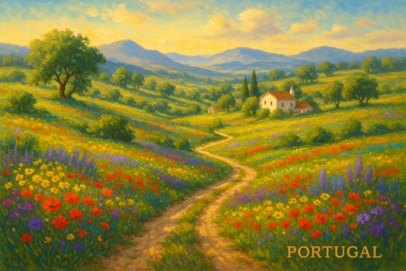 A vibrant spring landscape of Portugal with rolling green hills covered in colorful wildflowers, soft sunlight casting a warm glow across the terrain. In the foreground, a winding path leads through a picturesque countryside with distant mountains, lush vegetation, and hints of traditional Portugues