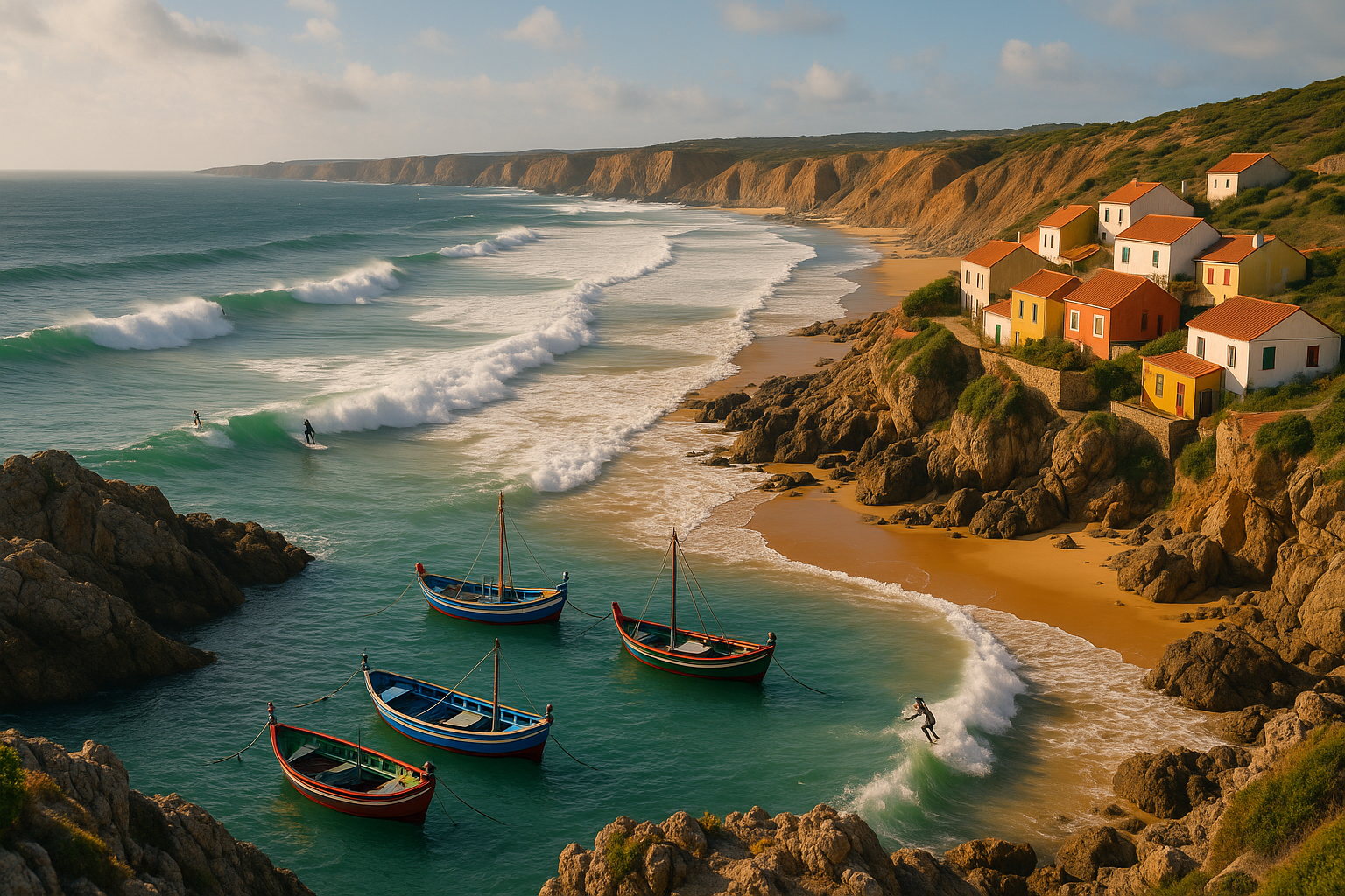 A sweeping coastal landscape of Portugal's northern shore, featuring rocky cliffs and golden sandy beaches with powerful ocean waves. In the foreground, traditional fishing boats are anchored near a small coastal village, with colorful buildings nestled against a rugged shoreline, surfers riding imp