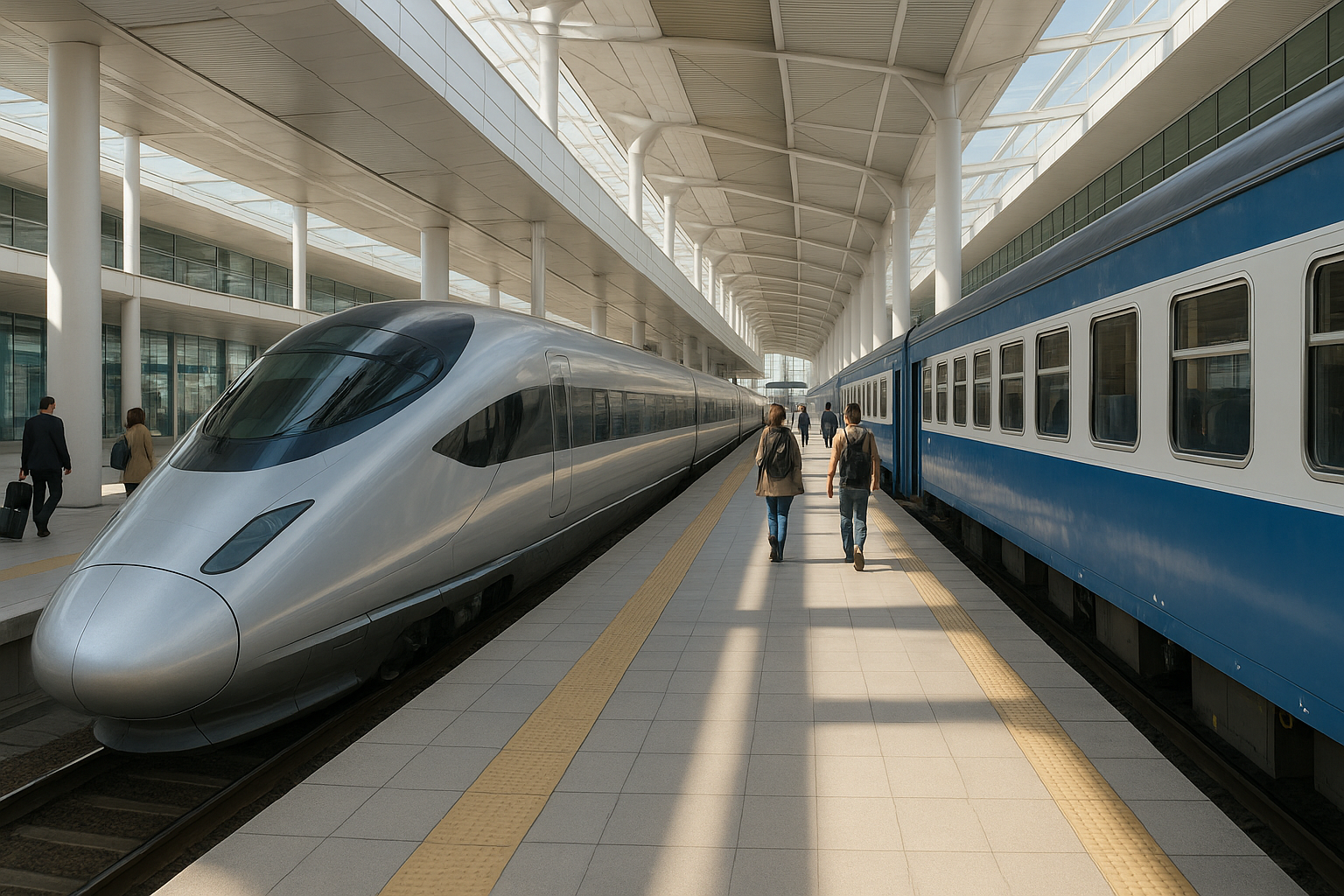 A sleek, modern high-speed train with a streamlined silver exterior parked next to a comfortable long-distance passenger coach at a contemporary transportation hub. The scene captures a bright, sunlit station platform with clean architectural lines, featuring elegant infrastructure and travelers pre