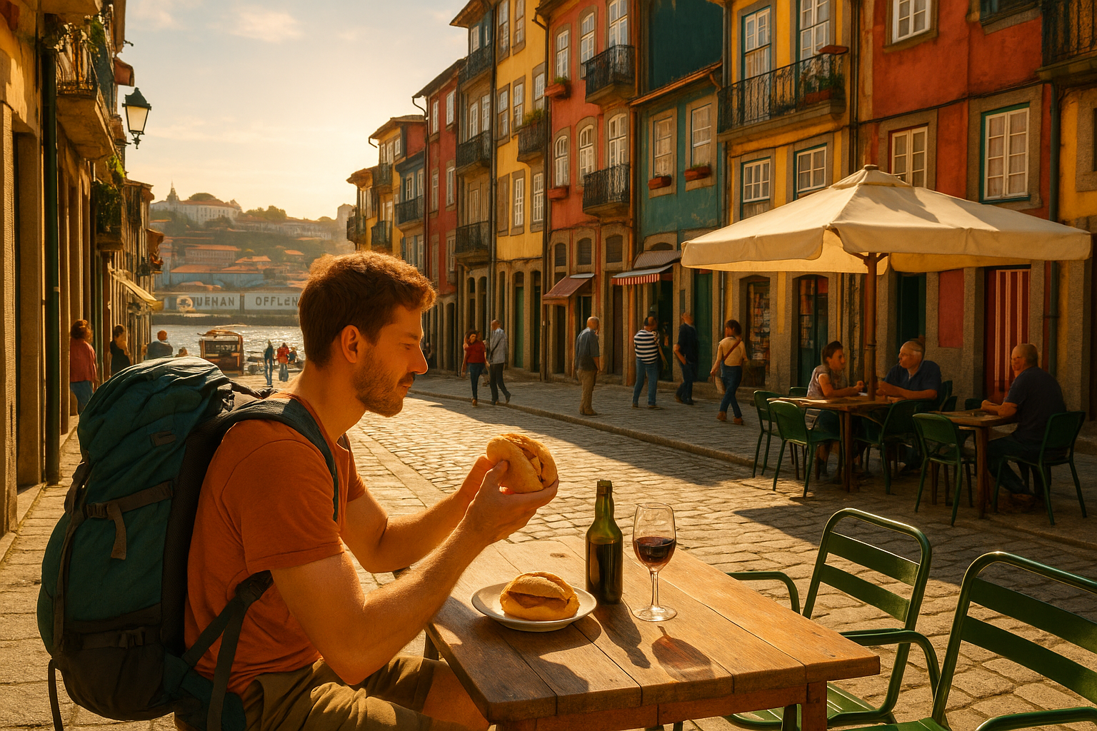 A vibrant street scene in Porto, Portugal, with a backpacker sitting at a rustic outdoor cafe enjoying a traditional bifana sandwich, vintage Port wine cellars in the background along the Douro River, warm golden sunlight casting long shadows, local Portuguese street life with colorful buildings and