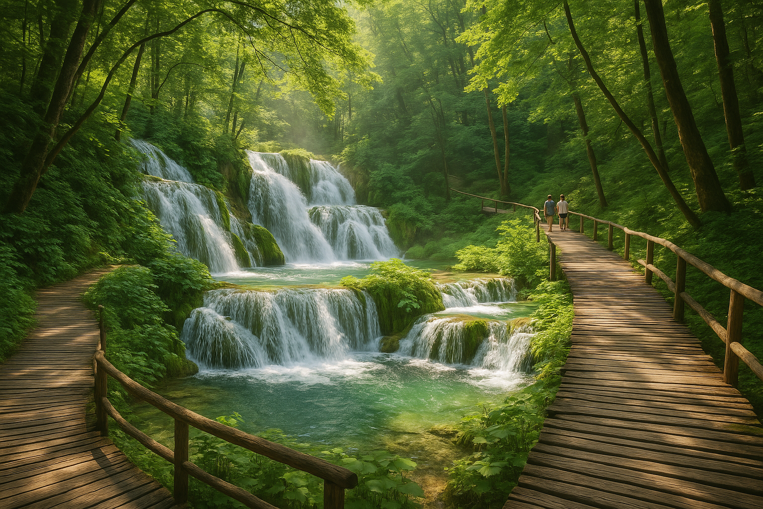 Lush green forest landscape with cascading turquoise waterfalls flowing over limestone rocks, wooden walking paths winding through verdant scenery, sunlight filtering through dense foliage, crystal clear water creating misty spray, serene natural environment with wooden boardwalks allowing visitors 