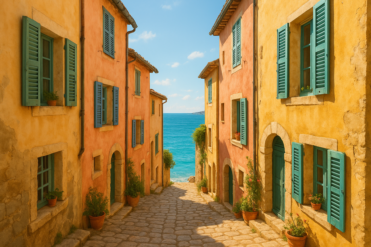 A picturesque Mediterranean coastal town street with pastel-colored historic buildings, weathered cobblestone pathways, and vibrant shuttered windows leading toward a sparkling blue sea vista. Warm sunlight illuminates the charming narrow alleyway, casting soft shadows on stone walls and revealing g