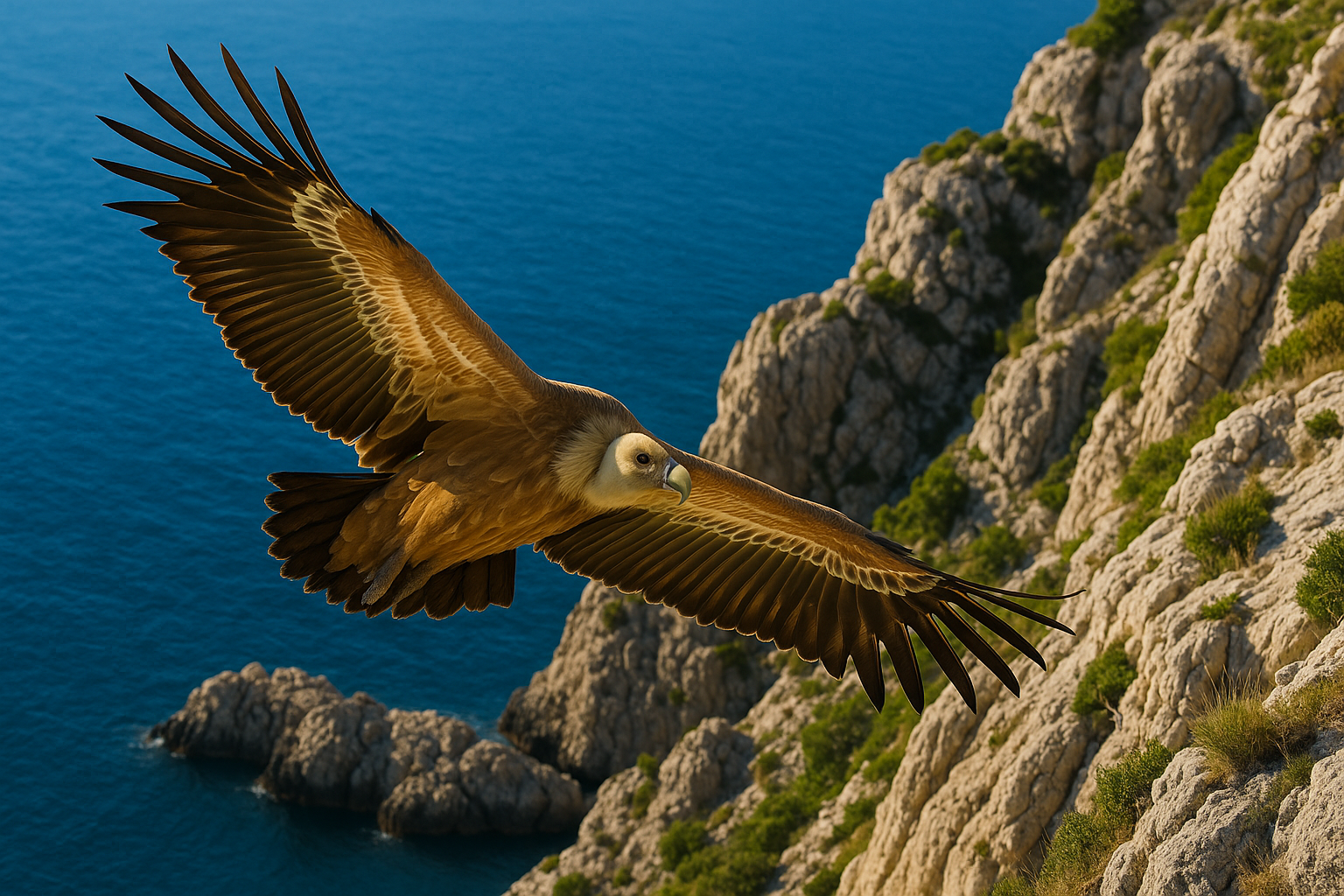 A large, magnificent griffon vulture with expansive wingspan gliding gracefully above rugged limestone coastal cliffs, sunlight illuminating its golden-brown feathers against a vibrant blue Adriatic Sea background. The rocky landscape features steep, textured stone formations with sparse Mediterrane