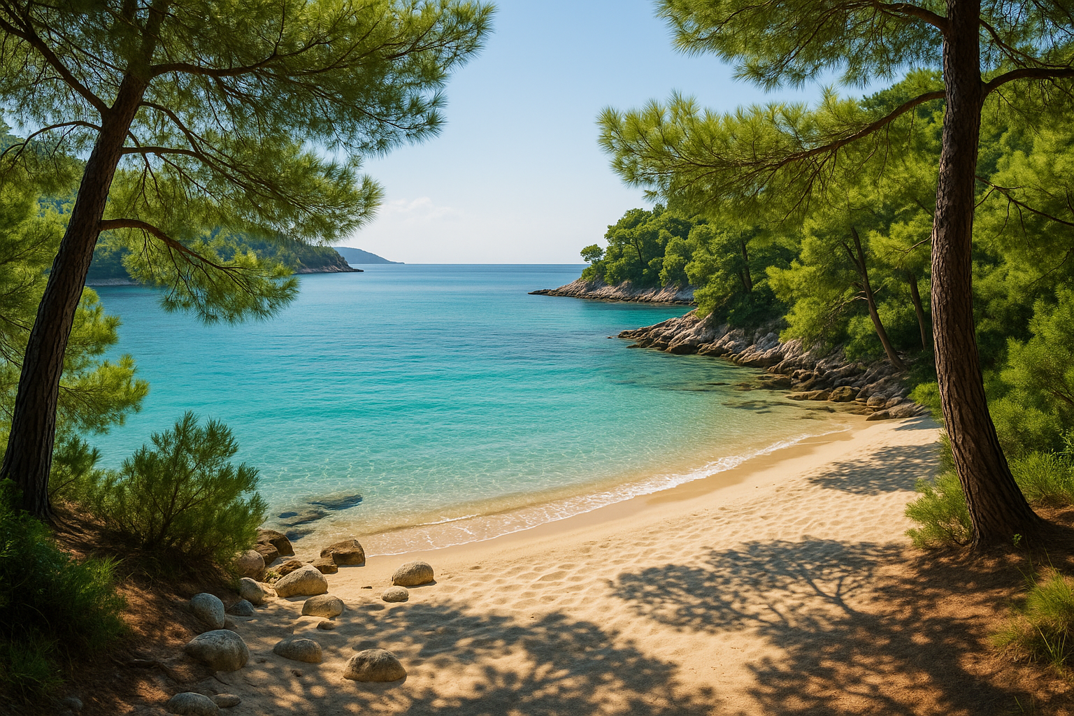 A serene coastal landscape with crystal-clear turquoise waters nestled between lush green pine trees, revealing a secluded sandy beach with smooth stones and gentle waves lapping at the shoreline. Soft sunlight filters through the pine branches, casting dappled shadows on the pristine sandy area, cr