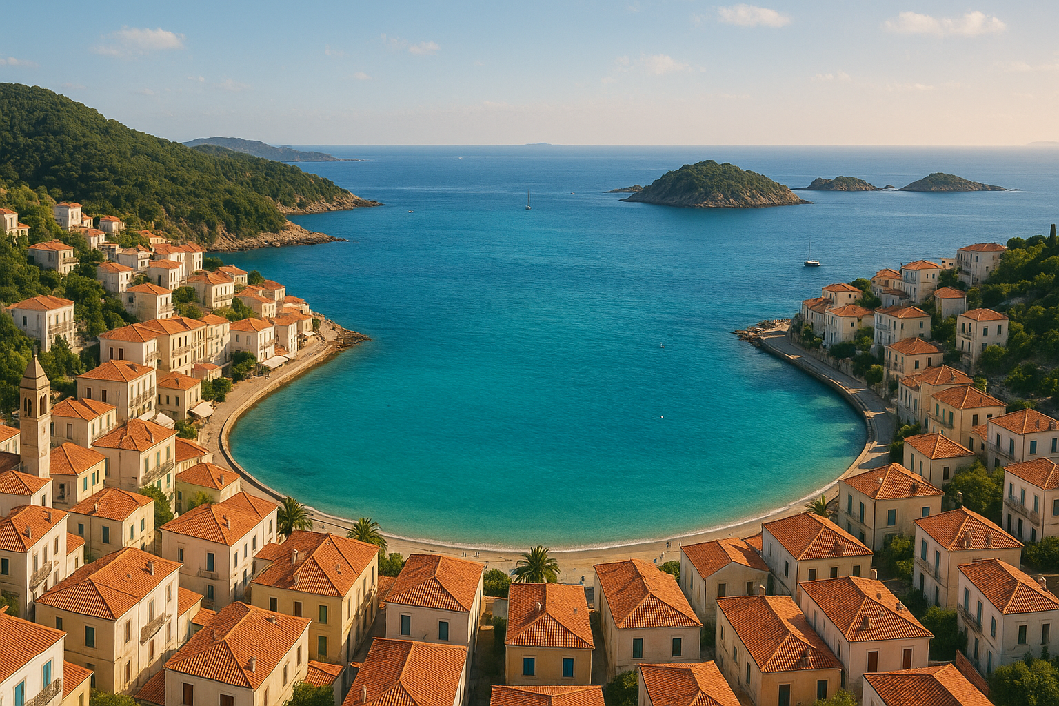 Panoramic coastal landscape with a charming Mediterranean seaside town nestled along a sweeping azure bay, surrounded by lush green hills and rocky islands in soft afternoon sunlight, featuring elegant white and pastel-colored buildings with terracotta rooftops cascading down to a sparkling turquois
