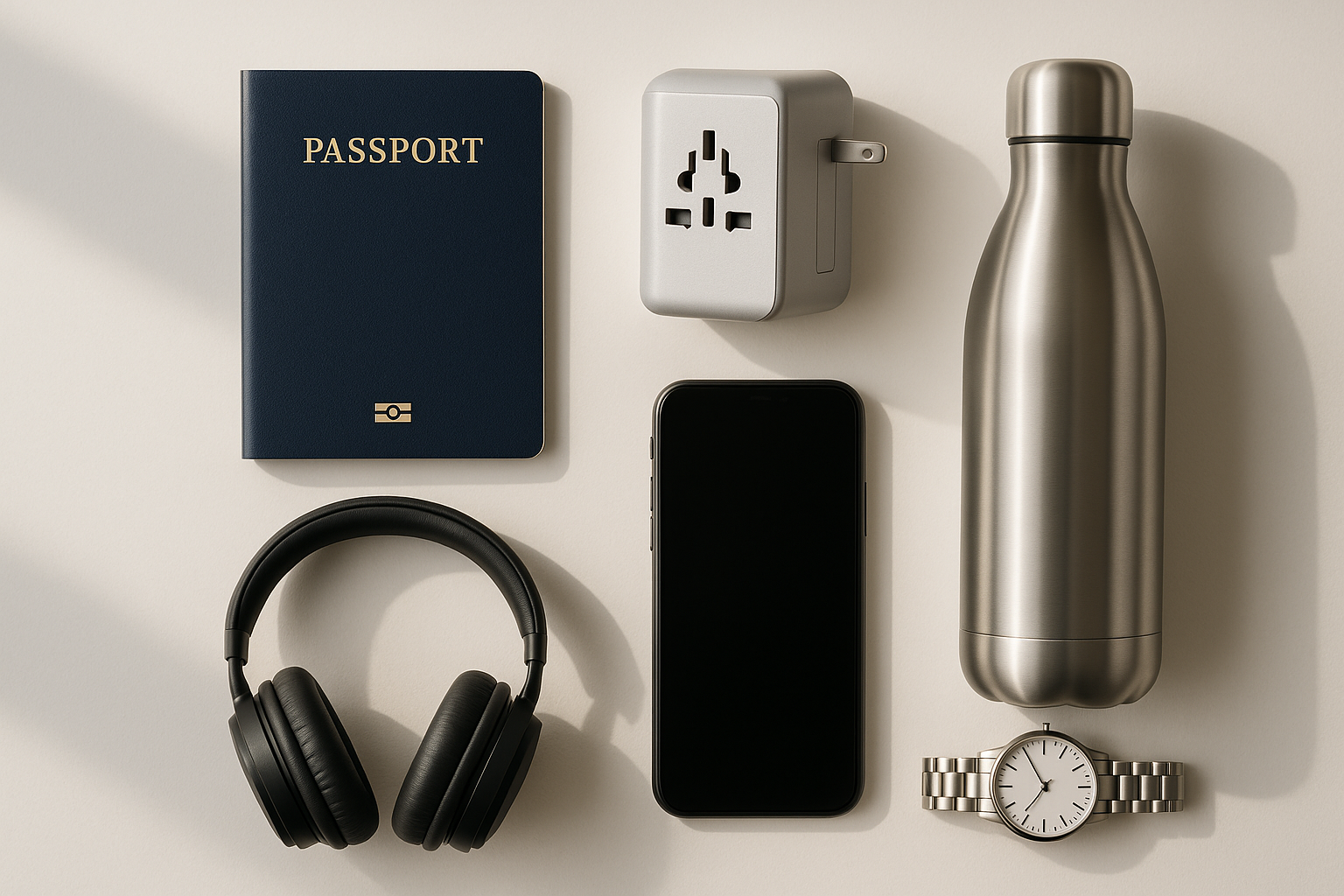Overhead view of neatly arranged international travel accessories spread on a clean white surface, including a navy blue passport, sleek silver universal electrical adapter, and modern stainless steel reusable water bottle with minimalist design, soft natural lighting creating subtle shadows and hig