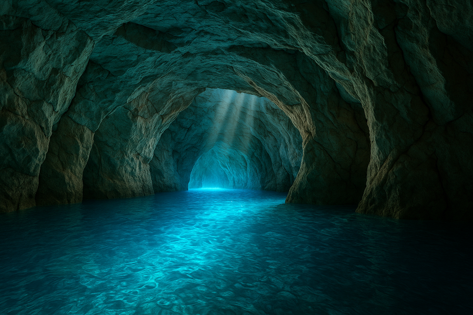 A stunning azure sea cave with luminous turquoise water glowing from sunlight filtering through an underwater opening, revealing crystal-clear waters and smooth limestone walls. Soft rays of light penetrate the cave's interior, creating an ethereal blue radiance that illuminates the rocky surfaces a