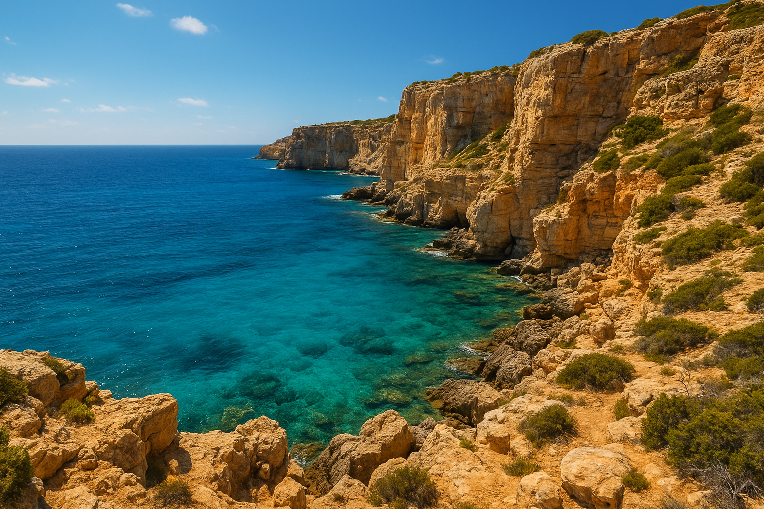 A rugged, sun-bathed rocky coastline with dramatic limestone cliffs overlooking a crystal-clear turquoise sea. Bright Mediterranean sunlight illuminates the textured stone landscape, with sparse vegetation clinging to the rocky terrain and azure waters stretching to the distant horizon, creating a s