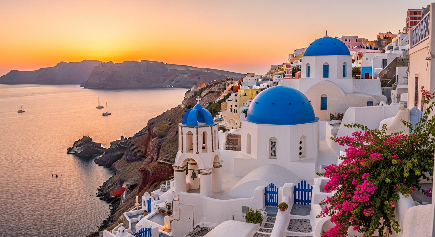 Dramatic sunset illuminating a picturesque Mediterranean coastal village, whitewashed cubic buildings cascading down a steep volcanic cliff, iconic blue-domed churches with pristine rounded roofs gleaming against the warm orange and pink sky, Aegean Sea stretching into the horizon with soft golden l