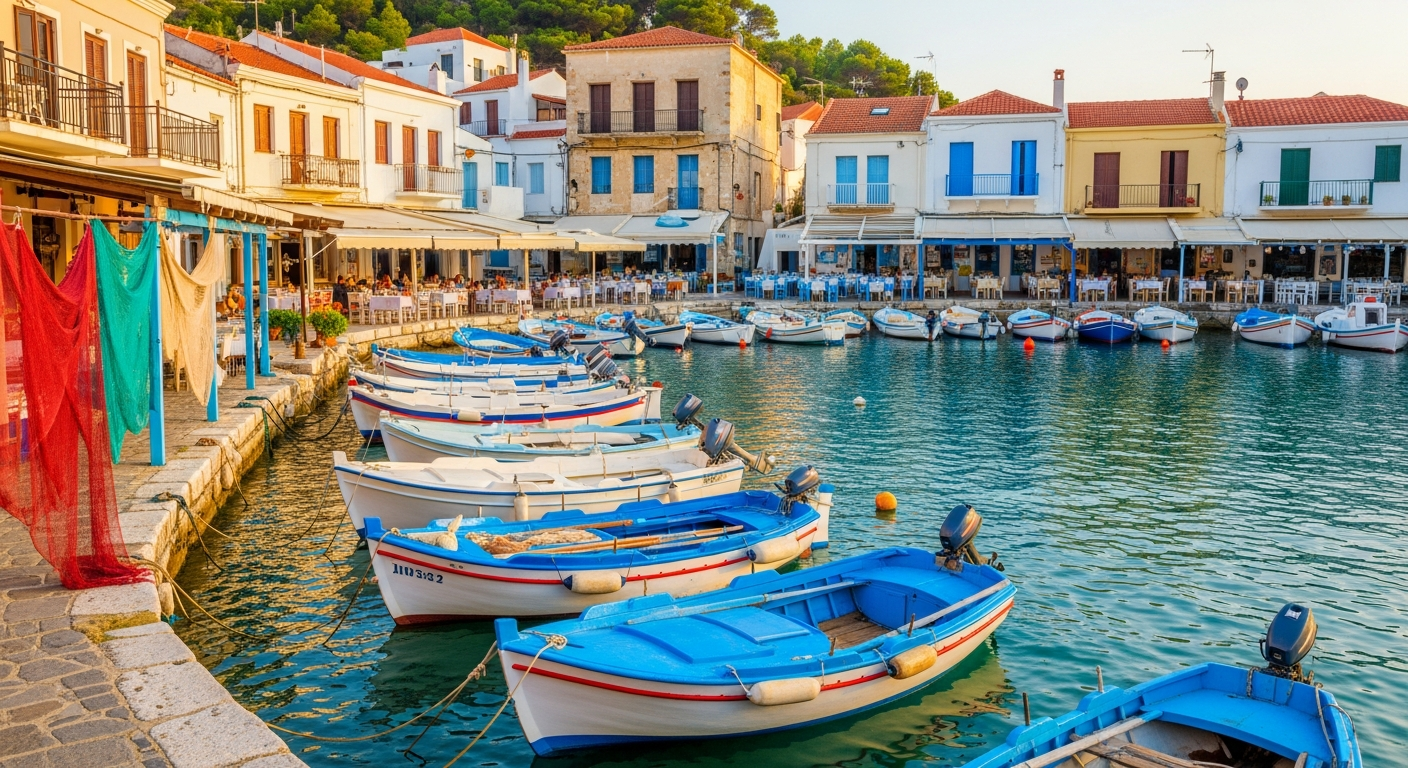 Picturesque Mediterranean fishing harbor with traditional wooden boats moored alongside weathered stone quays, vibrant blue and white painted hulls reflecting in calm turquoise waters. Charming coastal village architecture with whitewashed buildings and soft pastel-colored walls surrounding the scen
