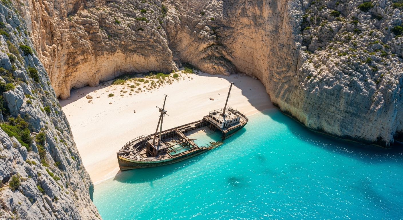 Breathtaking aerial view of a weathered shipwreck resting on a pristine white sandy beach, dramatically framed by towering limestone cliffs with sharp edges and rugged textures. Crystal-clear turquoise waters surround the abandoned vessel, creating a stunning contrast between the pale sandy shore, d