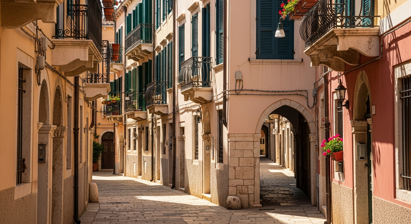 Narrow cobblestone streets winding between pastel-colored historic Mediterranean buildings with ornate balconies and shuttered windows. Warm sunlight casting soft shadows on elegant Venetian-style architecture, with charming stone pathways and glimpses of vibrant flowers in window boxes. Picturesque