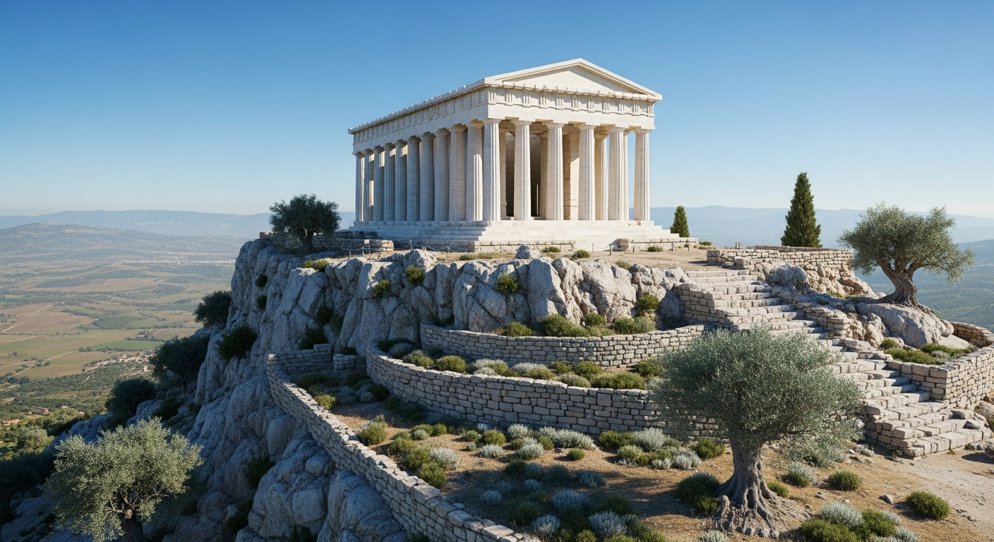 Ancient marble temple perched on rocky hilltop overlooking a historic Mediterranean city, pristine white stone columns gleaming in bright sunlight against a vibrant azure sky, surrounded by rugged stone terraces and distant rolling landscape with soft green and beige tones, classical architectural m