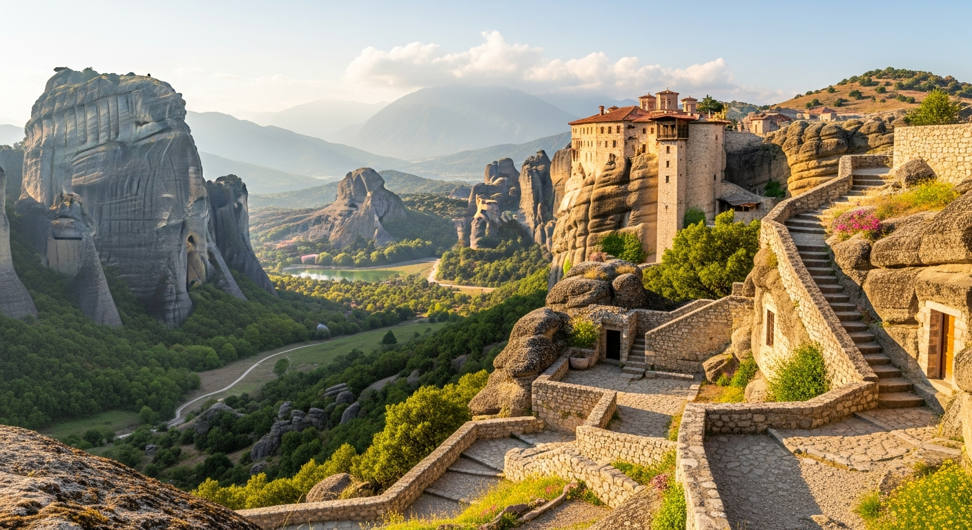 Dramatic landscape of ancient stone monasteries balanced precariously atop towering limestone rock pillars in a breathtaking mountainous region, soft golden sunlight illuminating the rugged stone structures against a misty blue sky with lush green vegetation surrounding the base of the rocky formati