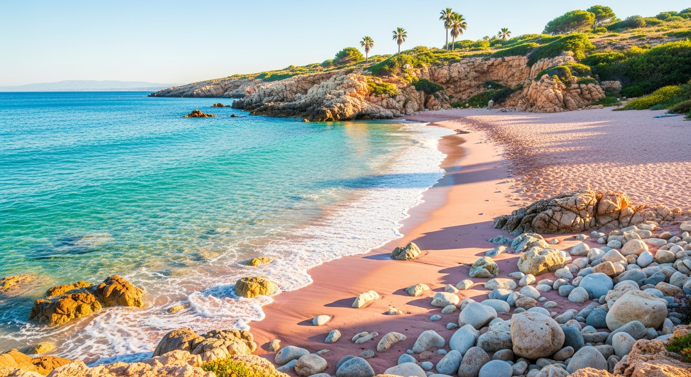 A picturesque Mediterranean coastal landscape featuring soft pink-tinted sandy shoreline meeting crystal-clear turquoise waters, with gentle waves lapping against a pristine beach surrounded by rocky coastal terrain and soft sunlight creating a serene, tranquil atmosphere. Smooth rounded stones and 