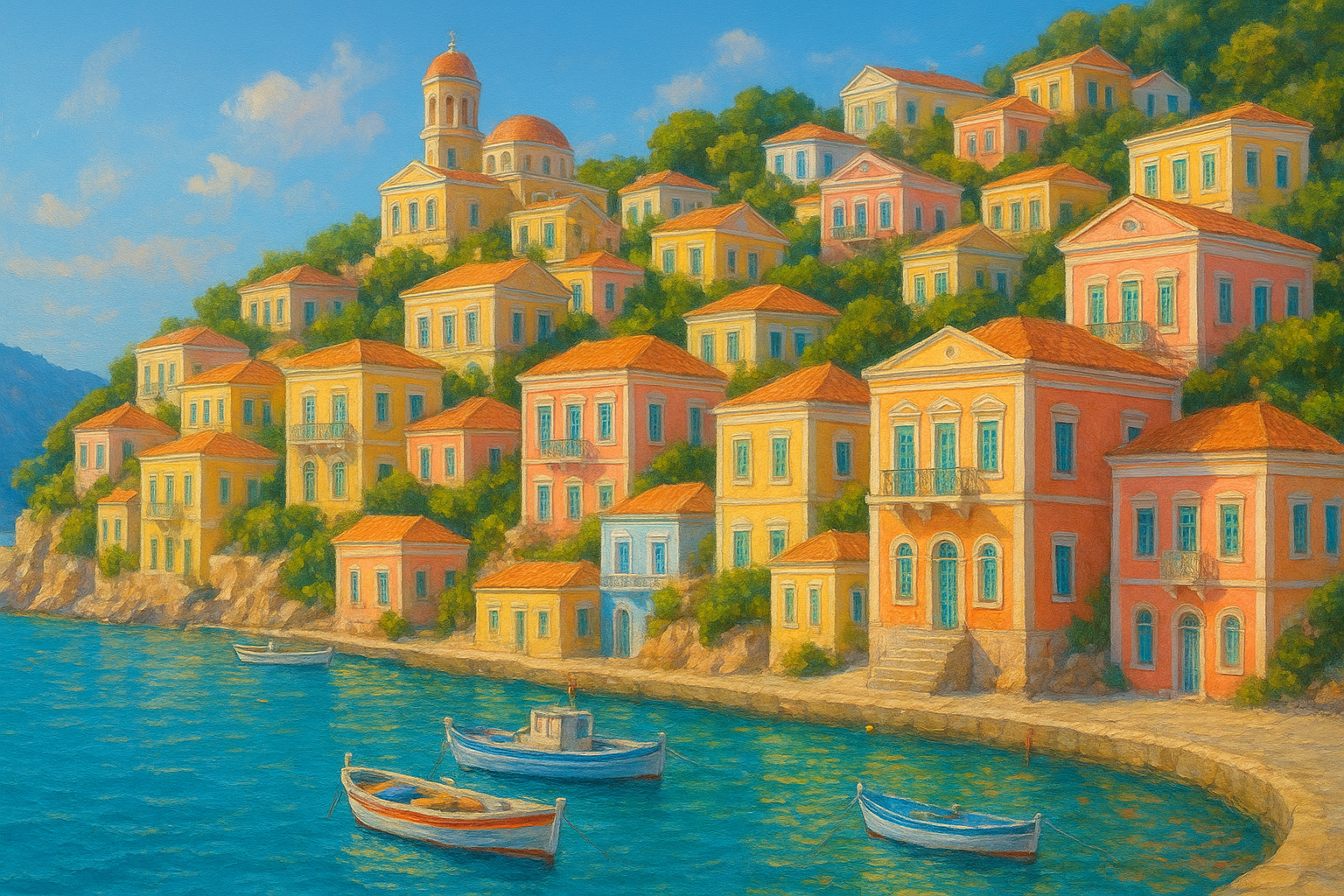 Vibrant pastel-colored neoclassical houses with elegant architectural details cascading down steep hillsides, overlooking a serene azure Mediterranean harbor with small fishing boats gently resting on calm turquoise waters. Sunlight illuminates the charming stone buildings with soft yellow, coral, a