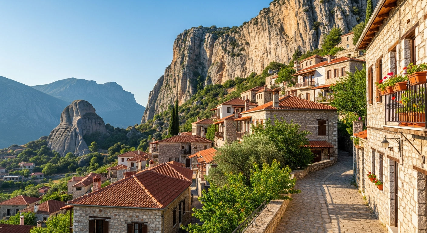 Scenic Greek mountain village with traditional stone houses nestled against dramatic limestone rock formations, soft afternoon sunlight casting long shadows across a winding cobblestone street, lush green vegetation surrounding weathered buildings with terracotta tile roofs, distant towering stone p