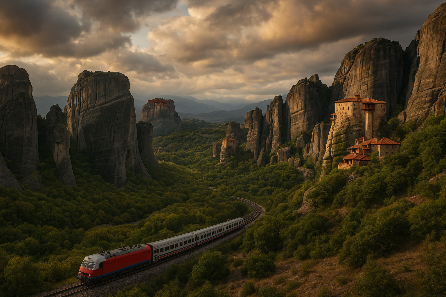A dramatic landscape of towering rock formations in Meteora, Greece, with ancient monasteries perched precariously on steep, vertical stone pillars. A train winds through the rugged terrain in the foreground, showcasing the dramatic connection between transportation and the breathtaking natural land