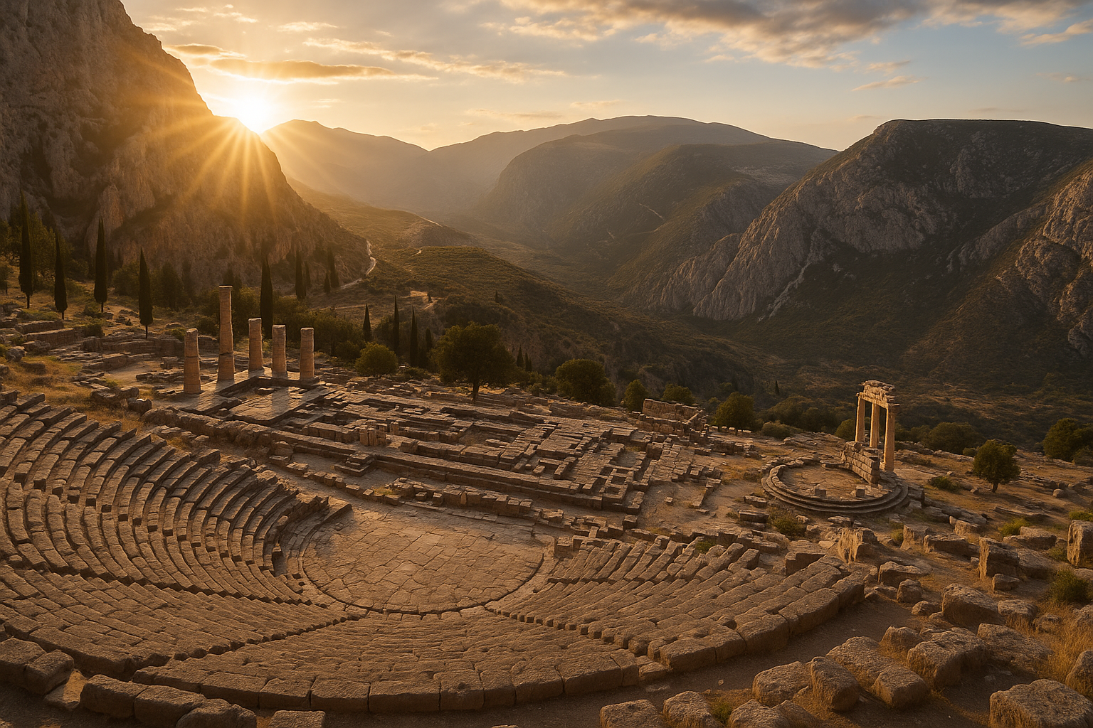 A sweeping panoramic view of the ancient archaeological site of Delphi, with sunlight casting golden rays across weathered marble columns and stone ruins. In the foreground, a majestic stone theater nestled into the mountainside overlooks a dramatic landscape of rocky terrain and distant blue mounta