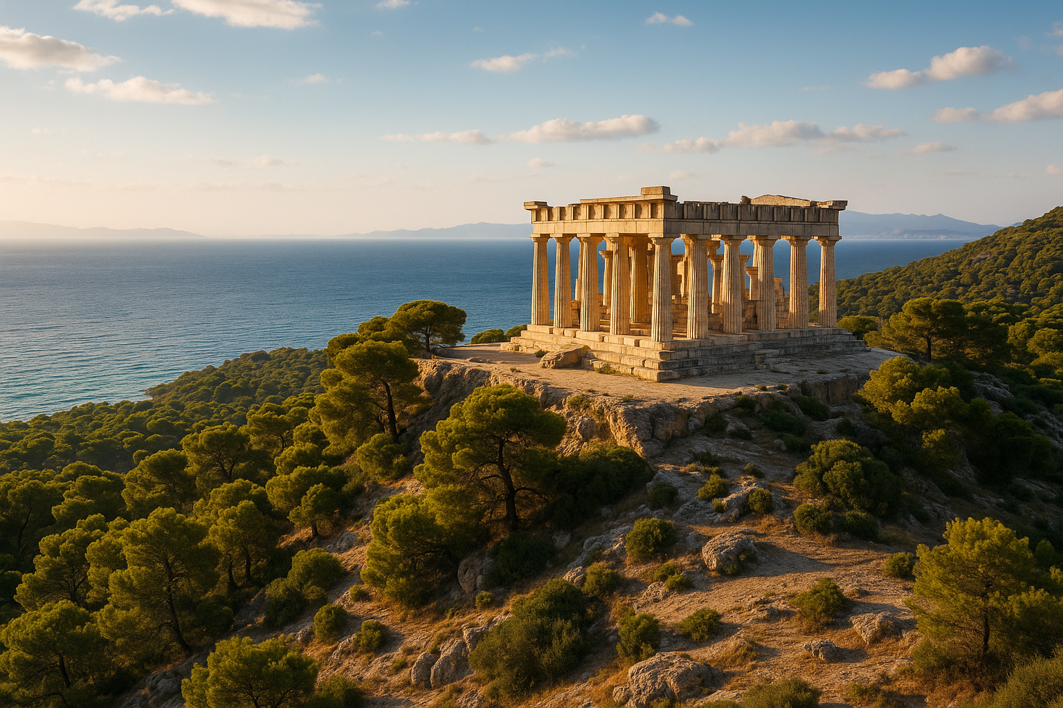 A stunning ancient Greek temple perched on a verdant pine-covered hill overlooking the azure Aegean Sea, with golden sunlight illuminating the classical stone columns and architectural details of the Temple of Aphaia, expansive landscape view showing rocky terrain, dense pine forests, and the sparkl