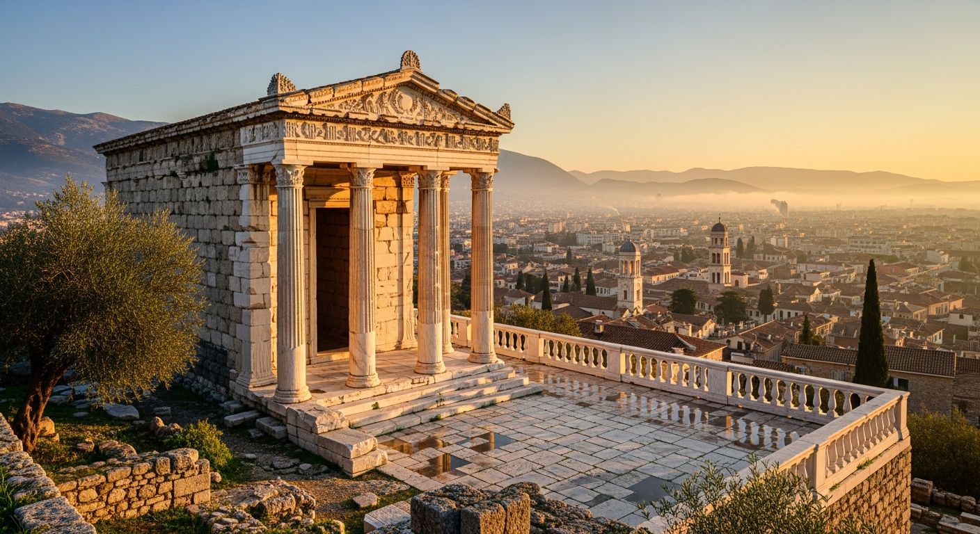 Golden-hued sunrise illuminating an ancient stone hilltop temple complex, marble columns gleaming against soft morning light, expansive cityscape sprawling below with terracotta rooftops, distant mountains, and early morning mist creating a serene Mediterranean landscape, architectural details of cl