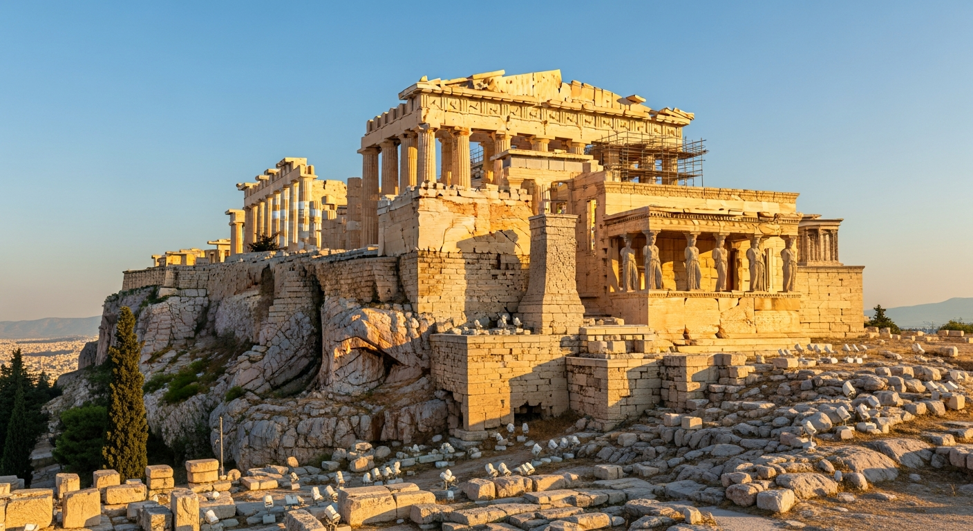 A sweeping panoramic view of the Acropolis in Athens at golden hour, with the majestic Parthenon illuminated by warm sunlight, ancient stone columns rising dramatically against a clear blue sky, and the intricate Erechtheion with its iconic Caryatid statues visible in the foreground, capturing the t