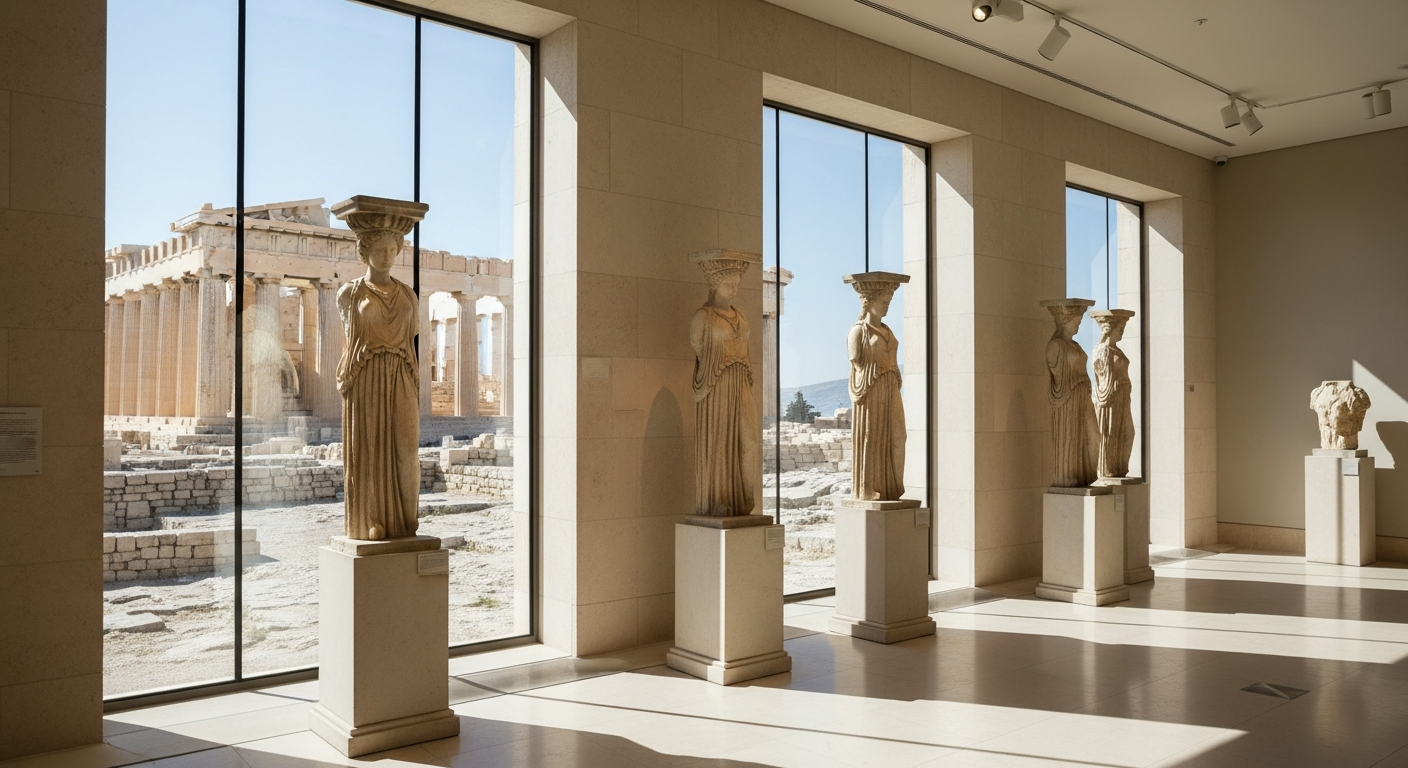A sunlit museum gallery with ancient Greek marble sculptures of elegant Caryatid figures, positioned gracefully near floor-to-ceiling windows revealing the majestic Parthenon in the background, soft natural light illuminating the intricate carved details of classical statues and architectural fragme
