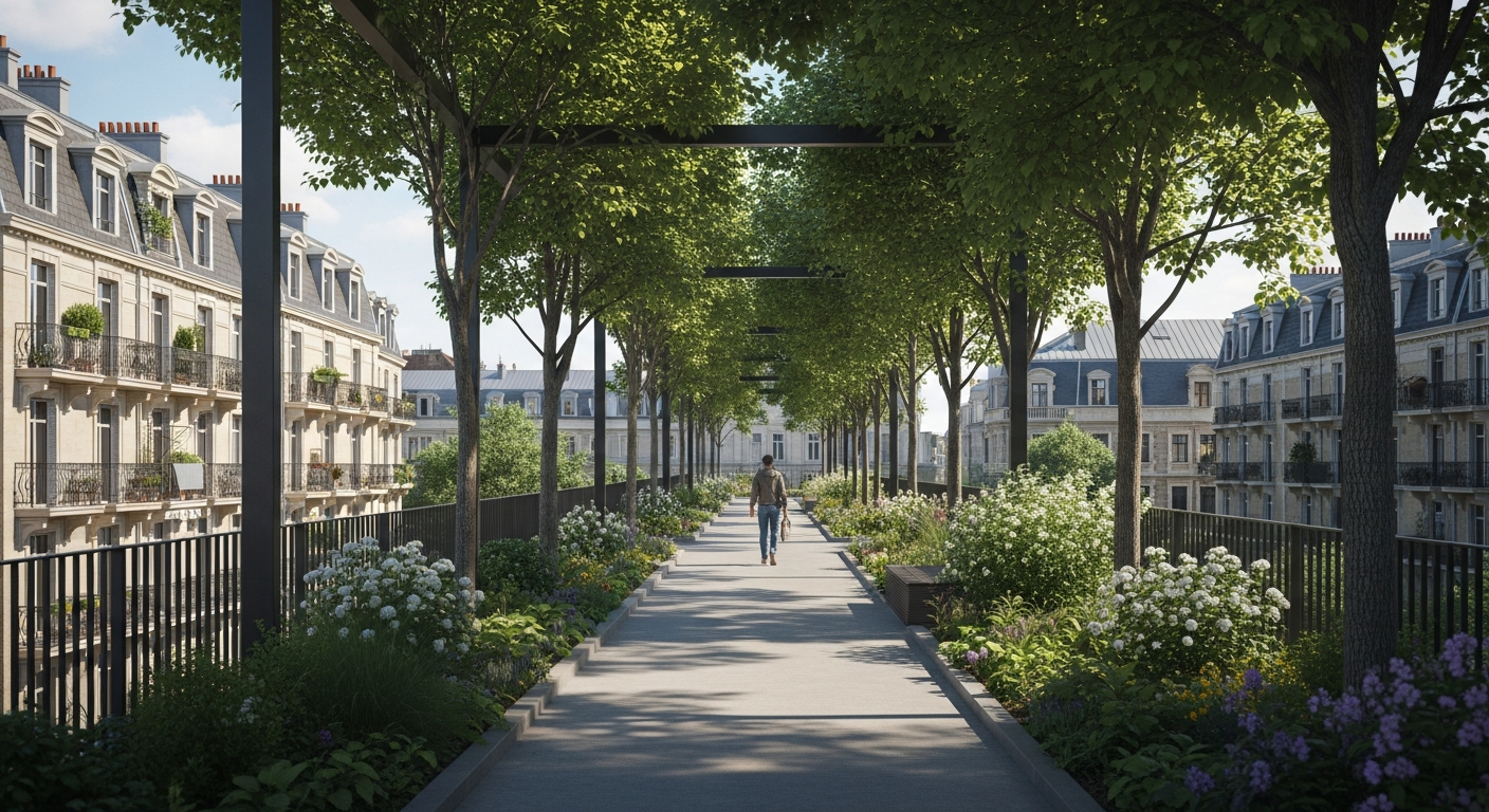 A person strolling peacefully along an elevated green walkway lined with lush trees and flowering plants, with elegant European-style apartment buildings and rooftops visible in the soft background. The scene captures a serene urban oasis with dappled sunlight filtering through the canopy, creating