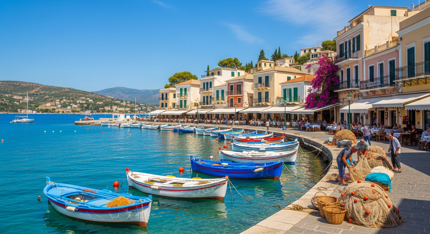 A picturesque Mediterranean harbor scene with crystal-clear turquoise waters gently lapping against a curved stone quay. Colorful traditional fishing boats in vibrant blues, reds, and yellows bob peacefully in the calm bay, their reflections shimmering on the water's surface. Along the waterfront, c