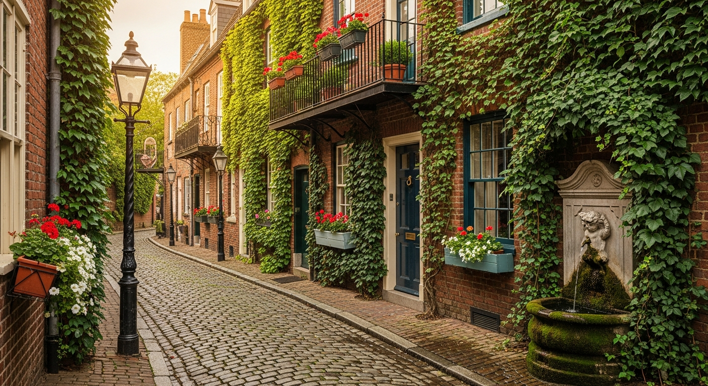 A picturesque cobblestone street lined with charming ivy-covered brick houses, featuring traditional European architecture with weathered red brick facades partially concealed by lush green ivy climbing up the walls. The narrow street is paved with aged gray cobblestones that create gentle curves an