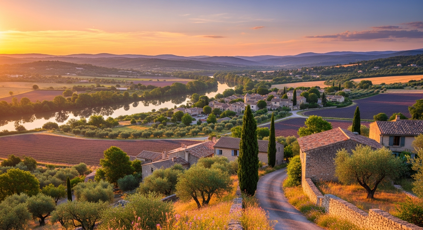 A breathtaking panoramic landscape of the French Provence countryside featuring the gentle rolling hills of Luberon valley bathed in golden morning light. A charming stone village with terracotta rooftops nestles in the distance among lavender fields and olive groves, while warm sunrise colors paint