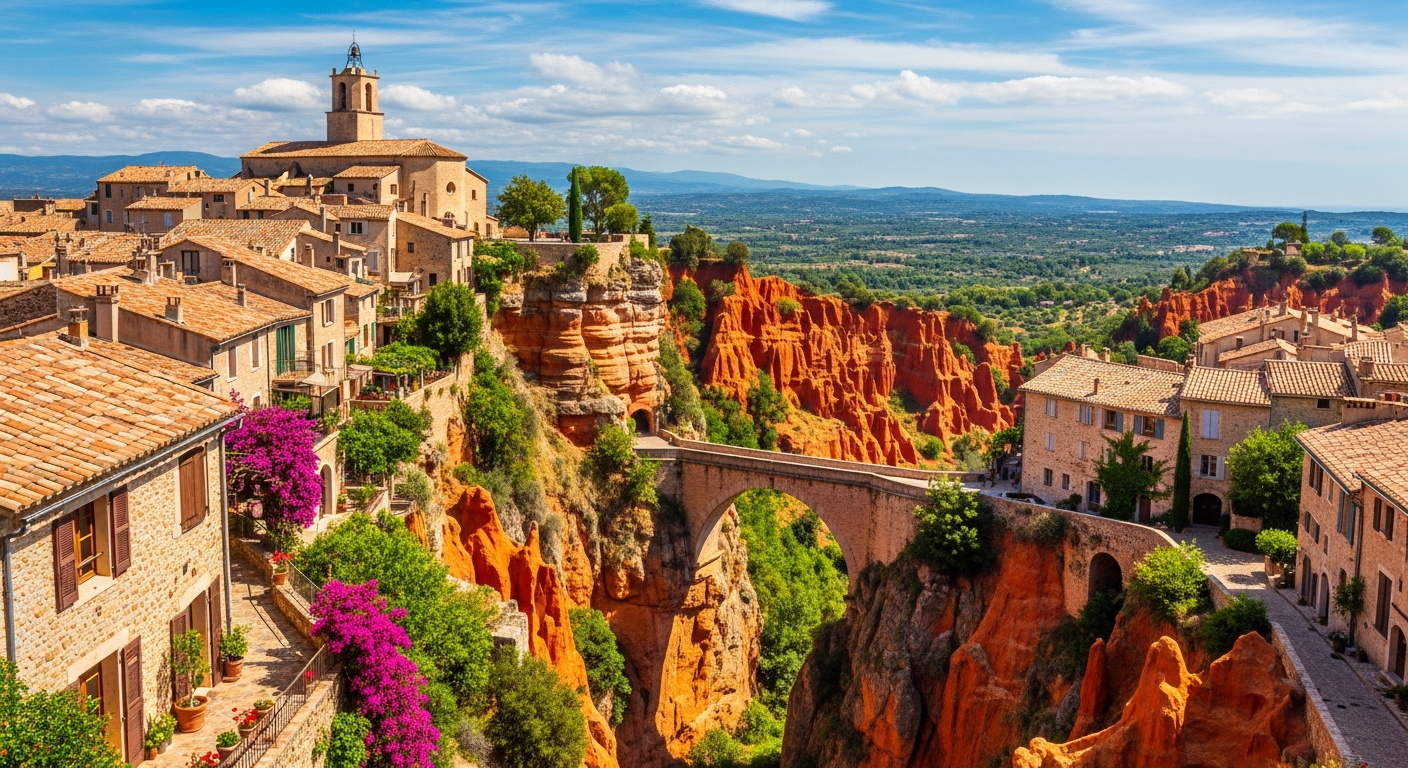 A picturesque medieval village perched dramatically atop towering cliffs of vibrant red and orange ochre stone, with traditional Provençal architecture featuring warm terracotta rooftops and honey-colored limestone buildings. The dramatic geological formations create striking layers of crimson, burn