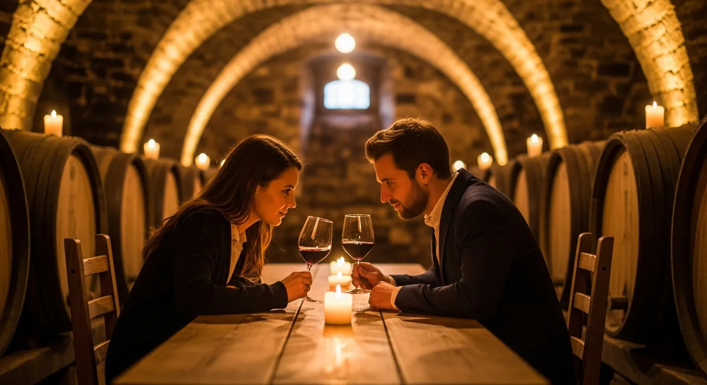 A romantic couple seated at a rustic wooden table in a traditional stone wine cellar, sampling glasses of rich red wine with warm candlelight flickering around them. Ancient oak barrels line the weathered stone walls, creating an intimate atmosphere with soft golden lighting filtering through the un