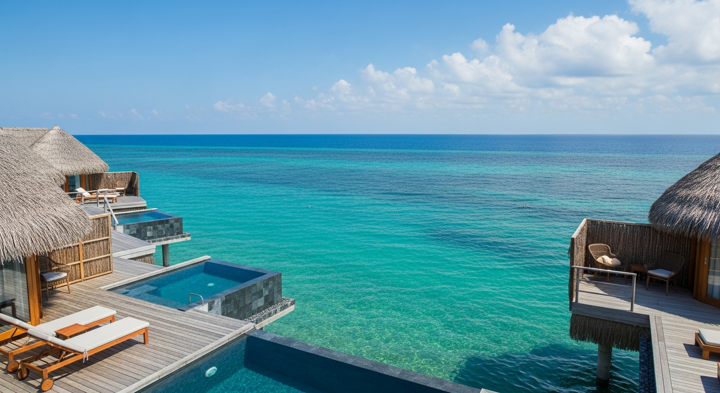 An aerial view of elegant overwater bungalows with thatched roofs connected by wooden walkways, stretching gracefully into a pristine turquoise lagoon. The crystal-clear tropical waters reveal coral formations beneath the surface, while the luxurious accommodations cast gentle shadows on the vibrant