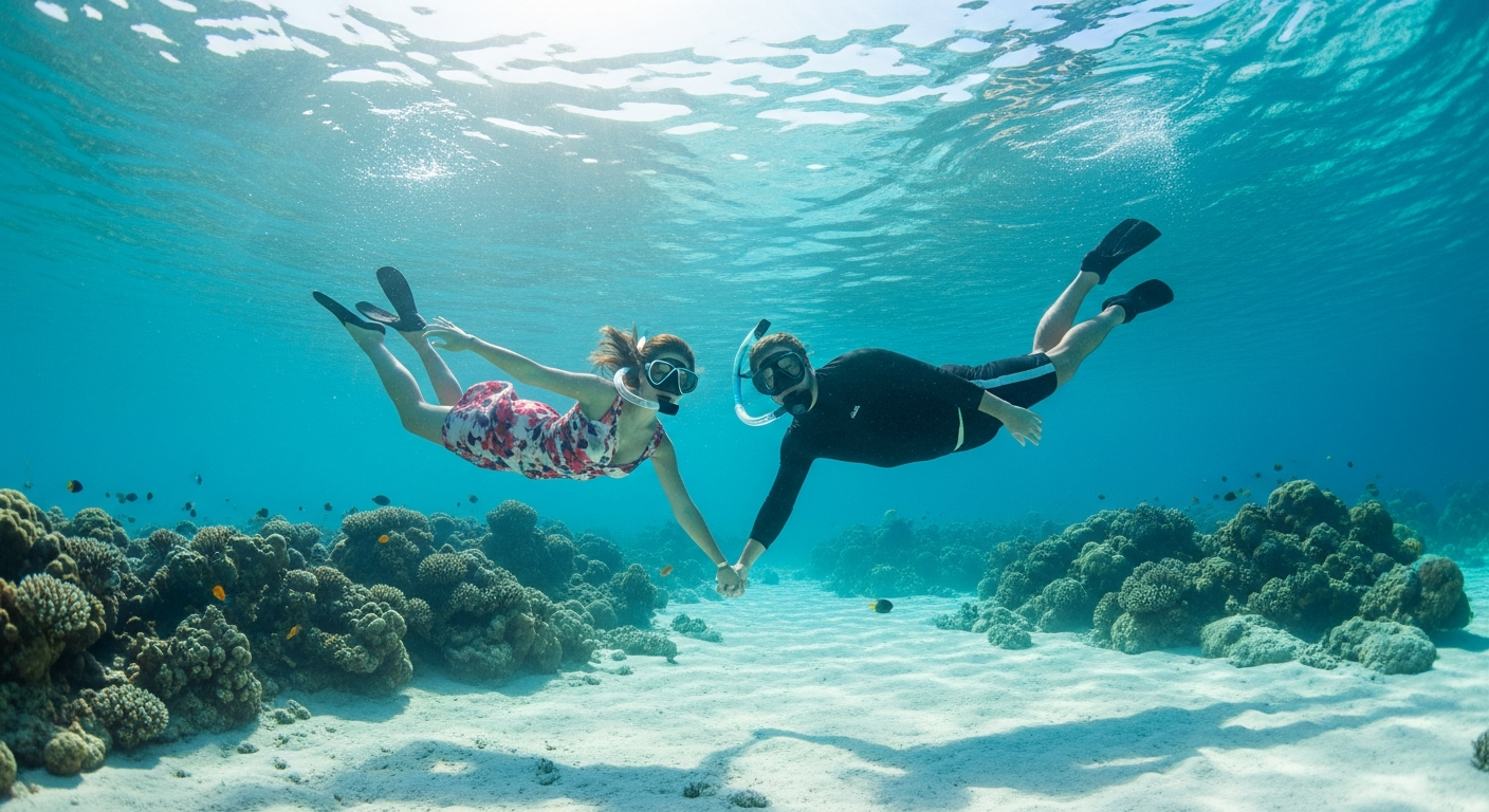 A romantic couple swimming hand-in-hand underwater in crystal-clear turquoise tropical waters, surrounded by vibrant coral reefs in brilliant shades of orange, pink, and purple. Schools of colorful tropical fish including bright yellow tangs, striped angelfish, and electric blue parrotfish glide gra