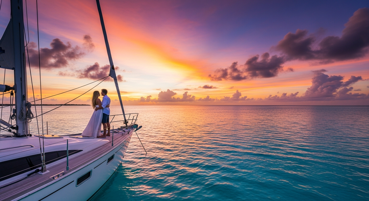A romantic couple standing together on the deck of an elegant yacht, their silhouettes framed against a breathtaking sunset sky painted in brilliant oranges, deep purples, and soft pinks. The serene tropical lagoon stretches endlessly around them, its crystal-clear turquoise waters reflecting the vi