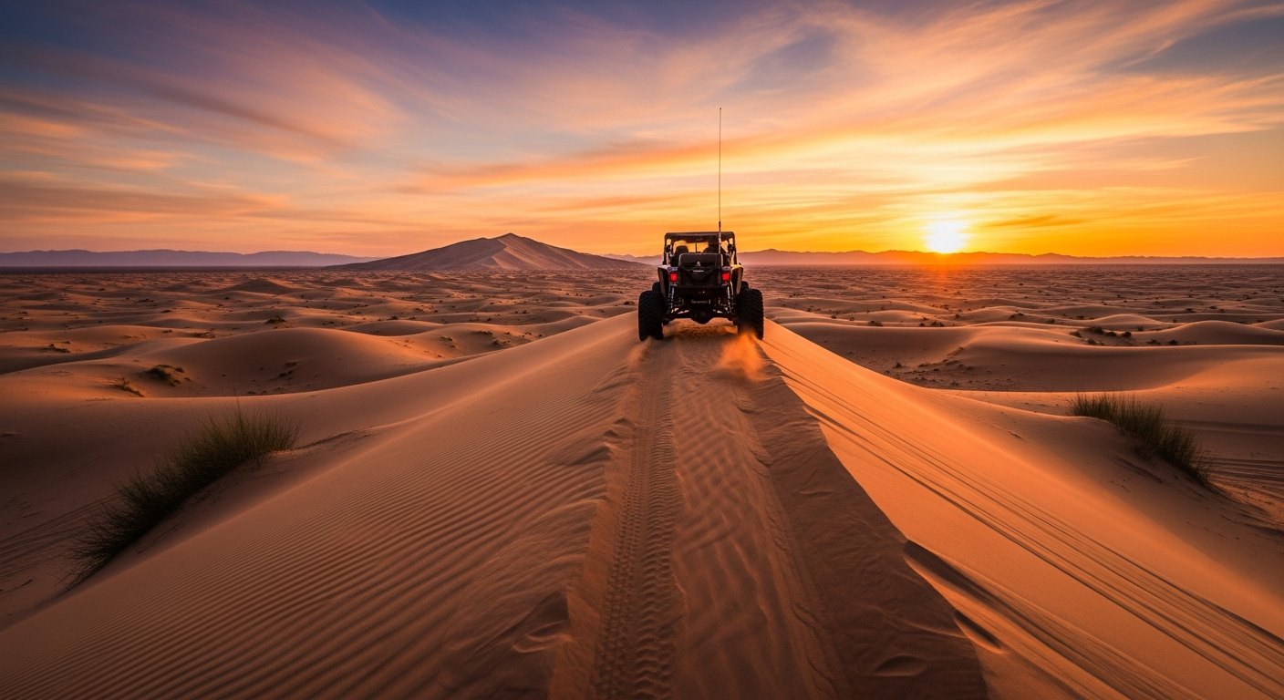 A rugged off-road vehicle with large tires climbing over a towering golden sand dune in a vast desert landscape during the golden hour. The scene captures the dramatic moment as the vehicle crests the dune's peak, with warm orange and pink sunset light illuminating the rippled sand formations. Deser