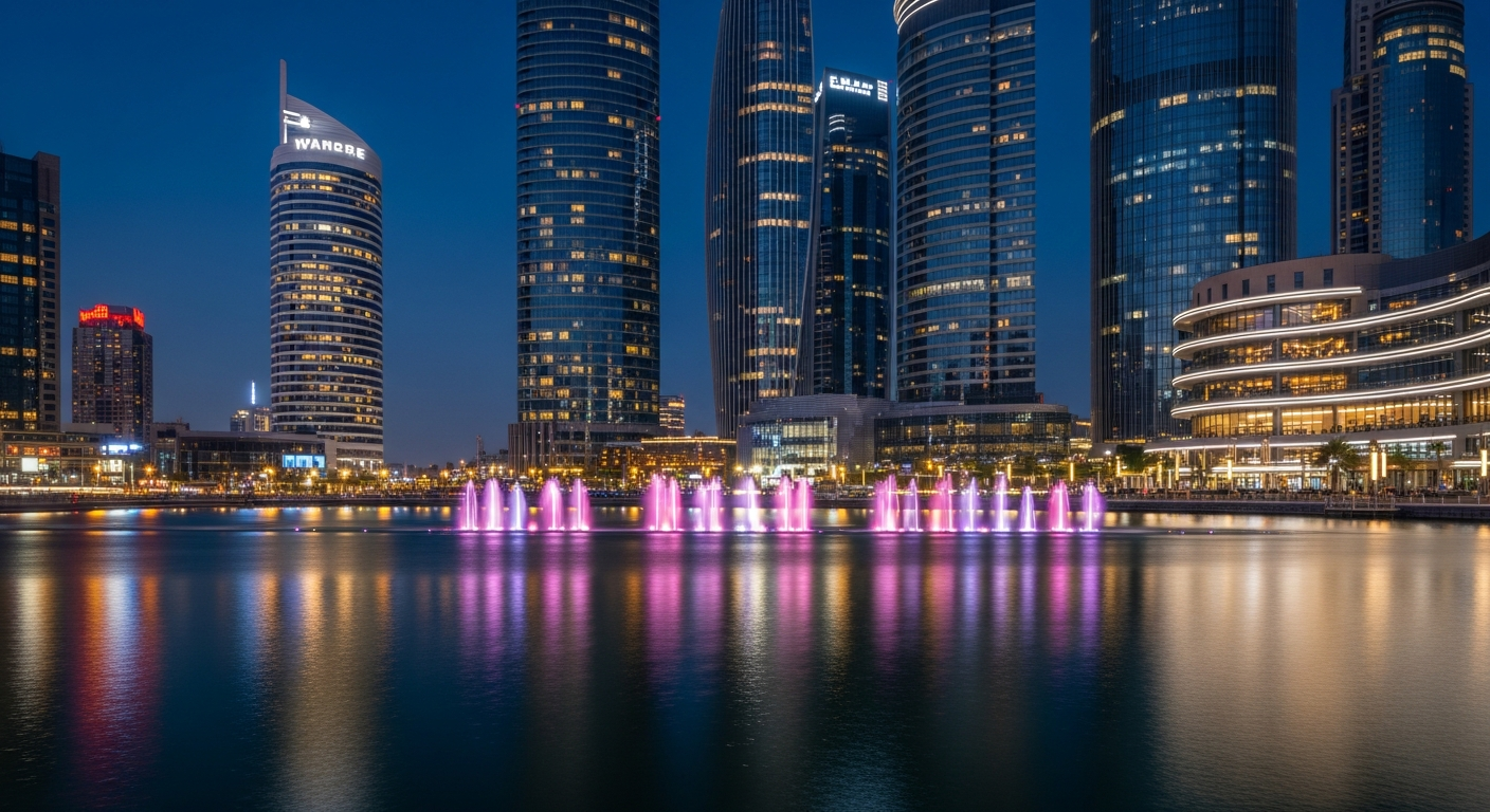 A breathtaking evening photograph of a towering modern skyscraper illuminated against the night sky, with spectacular water fountains dancing in synchronized patterns at its base. The scene captures the glittering lights of surrounding high-rise buildings creating a dazzling urban skyline, with the