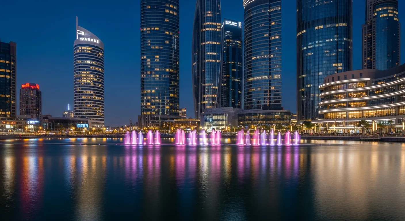 A breathtaking evening photograph of a towering modern skyscraper illuminated against the night sky, with spectacular water fountains dancing in synchronized patterns at its base. The scene captures the glittering lights of surrounding high-rise buildings creating a dazzling urban skyline, with the