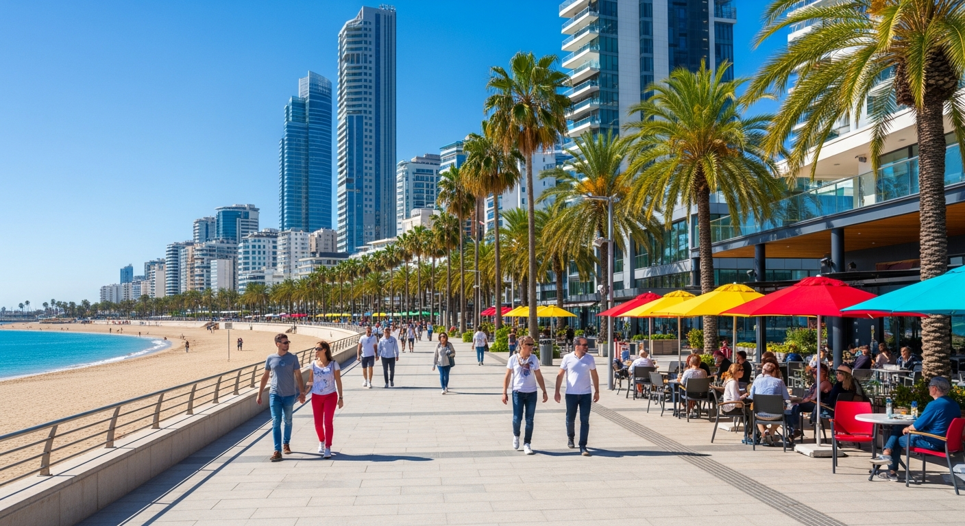 A vibrant sunny day at a modern waterfront promenade featuring contemporary high-rise buildings and palm trees. People of various ages leisurely stroll along wide pedestrian walkways lined with charming outdoor cafes with colorful umbrellas and seating areas. In the background, a pristine sandy beac