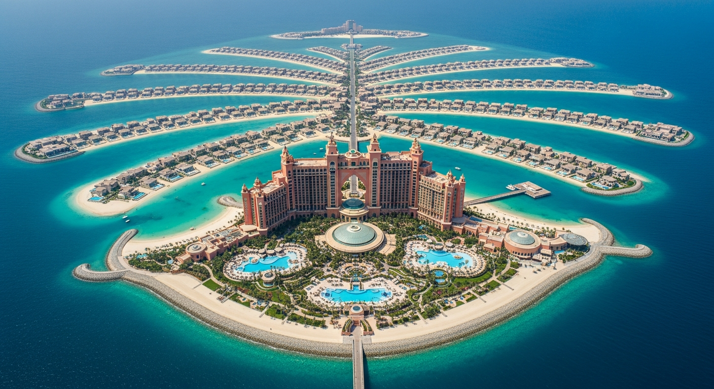 An aerial view of a magnificent artificial palm-shaped island development in turquoise waters, featuring a distinctive trunk and frond design with luxury residential villas lining the curved branches. At the crown of the palm structure sits an elaborate coral-pink resort complex with distinctive Ara