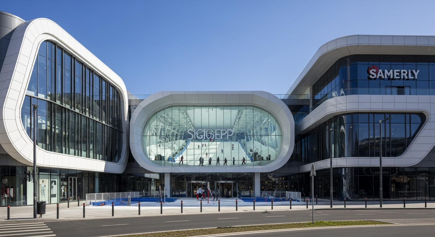 A stunning modern shopping complex exterior featuring sleek glass and steel architecture with curved lines and contemporary design elements. The building showcases a distinctive white curved section that houses an indoor snow facility, with visible artificial slopes and winter recreation areas throu
