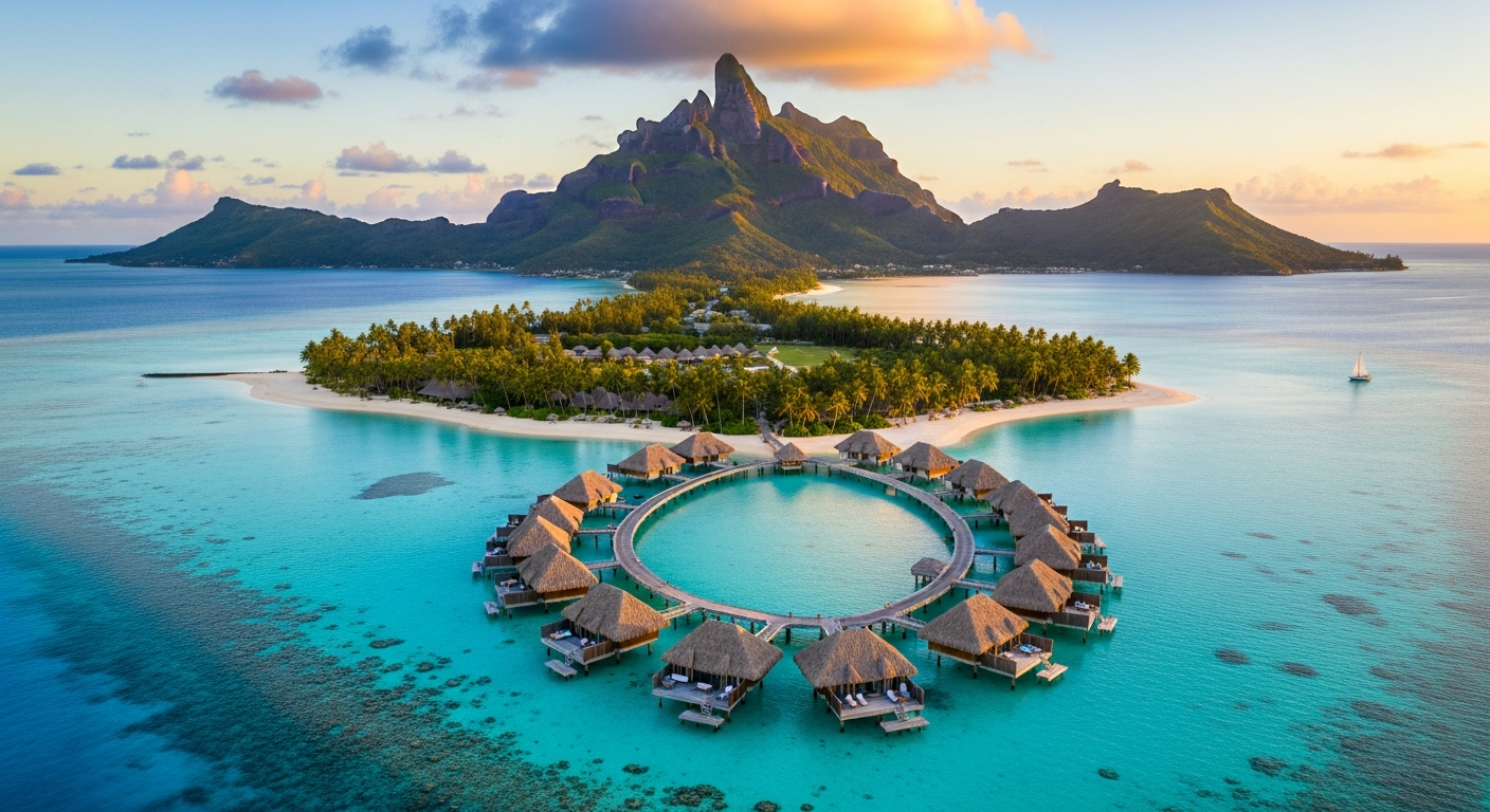 Breathtaking aerial photograph of a dramatic volcanic mountain peak rising majestically from the center of a tropical island, surrounded by crystal-clear turquoise lagoon waters that transition from deep sapphire blue to brilliant aquamarine near pristine white sand beaches. Luxurious overwater bung