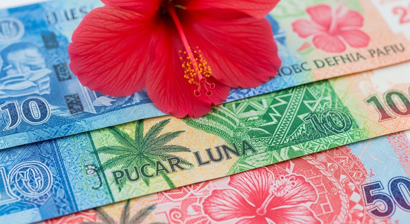 A detailed close-up photograph of colorful Pacific island currency notes featuring vibrant tropical designs, with a delicate hibiscus flower resting gently on top. The banknotes display beautiful artistic patterns in shades of blue, green, and coral, with intricate geometric designs and island motif