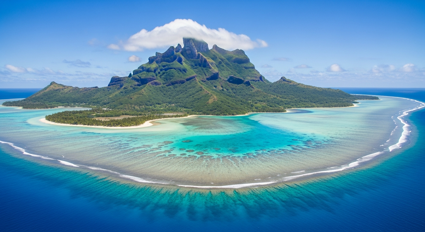 Breathtaking aerial photograph of a pristine tropical island paradise featuring crystal-clear turquoise lagoon waters surrounding a lush volcanic peak. The dramatic mountain rises majestically from the center of the island, covered in dense emerald green vegetation, while the surrounding coral reef
