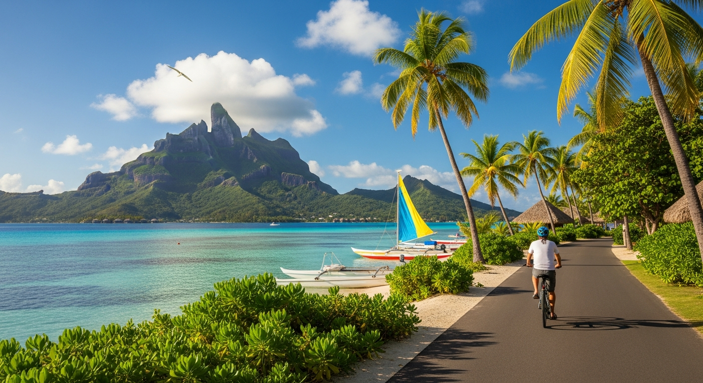 A scenic coastal road winding along the turquoise lagoon of Bora Bora, with a cyclist pedaling leisurely on the paved path surrounded by lush tropical vegetation and swaying palm trees. In the background, the iconic Mount Otemanu rises dramatically from the center of the island, while crystal-clear
