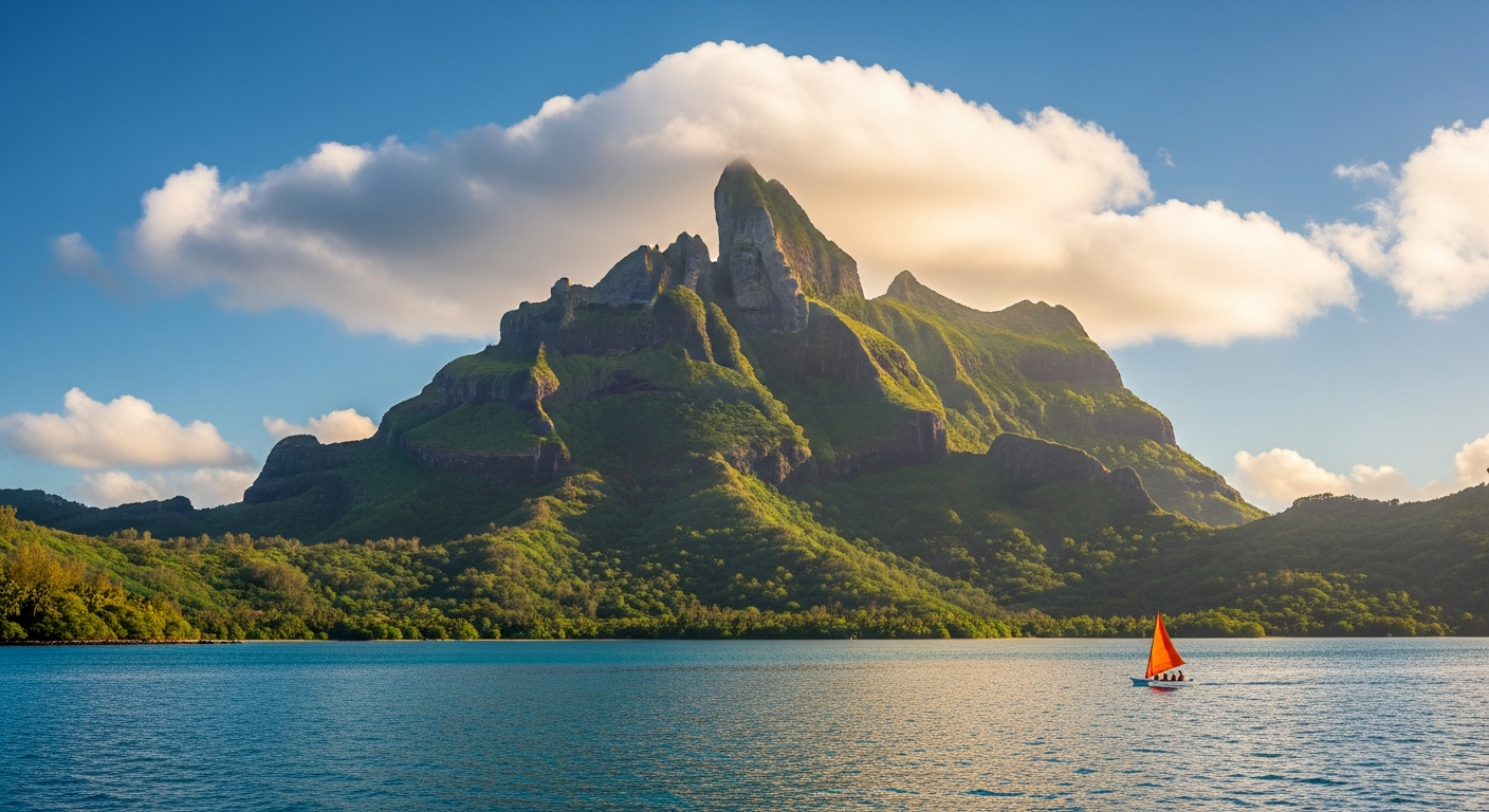 A breathtaking aerial view of a dramatic volcanic mountain peak with sharp, jagged ridges rising majestically from a tropical island setting. The foreground features crystal-clear turquoise waters of a pristine lagoon, creating a stunning contrast against the dark volcanic rock formation. Lush green