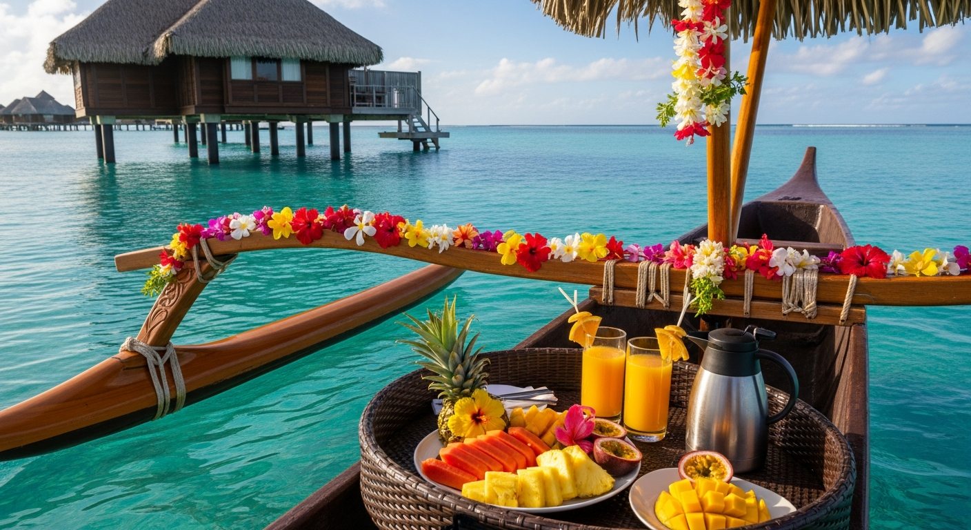 A beautiful traditional Polynesian outrigger canoe with vibrant tropical flower decorations gliding across crystal-clear turquoise lagoon waters, carrying an elegant breakfast tray with fresh fruits and beverages. The scene shows the canoe approaching a luxurious overwater bungalow with thatched roo