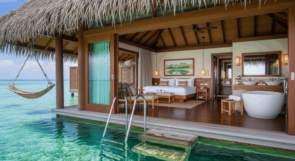 A luxurious overwater bungalow with thatched roof and glass floor panels, featuring a private wooden deck with comfortable lounge furniture overlooking crystal-clear turquoise lagoon waters. In the background, a dramatic volcanic mountain peak rises majestically from the tropical island, surrounded