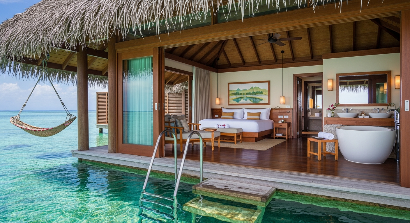 A luxurious overwater bungalow with thatched roof and glass floor panels, featuring a private wooden deck with comfortable lounge furniture overlooking crystal-clear turquoise lagoon waters. In the background, a dramatic volcanic mountain peak rises majestically from the tropical island, surrounded